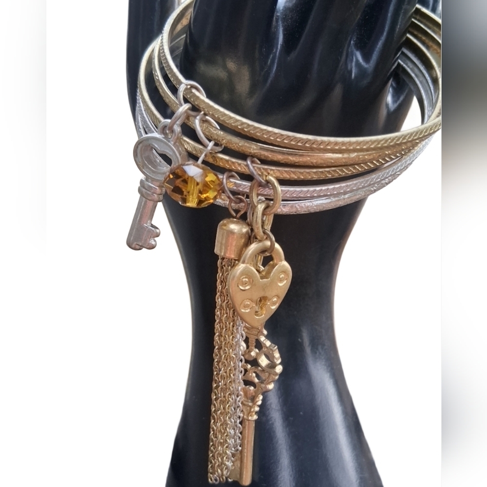 Gold & Silver Tone Charm Bangle Stack - Tassel, K… - image 3